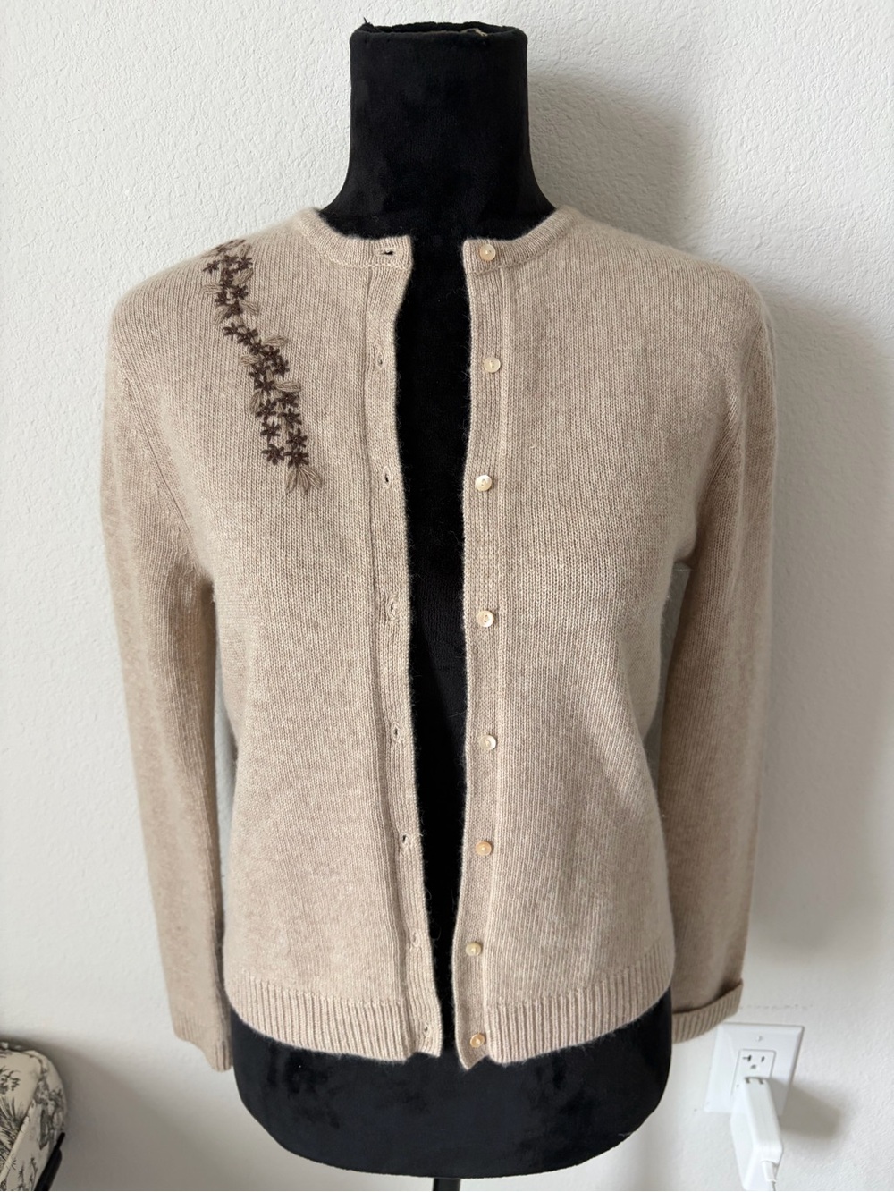 Ann Taylor Merino Wool Vintage Beige Crewneck Cardigan with Floral Embroidery S